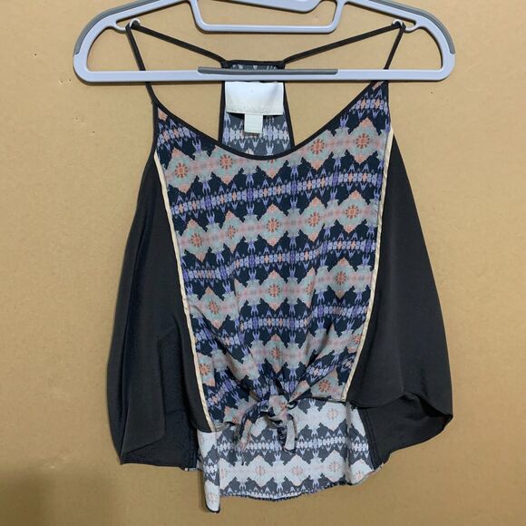 MORGAN CARPER Black/Multi Abstract Racer Back 100% Silk Knotted Cami Tank Sz M - Picture 4 of 16